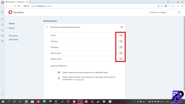 How to activate or deactivate the synchronization of my account on Opera?