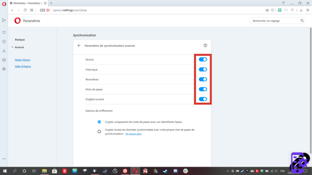 How to activate or deactivate the synchronization of my account on Opera?