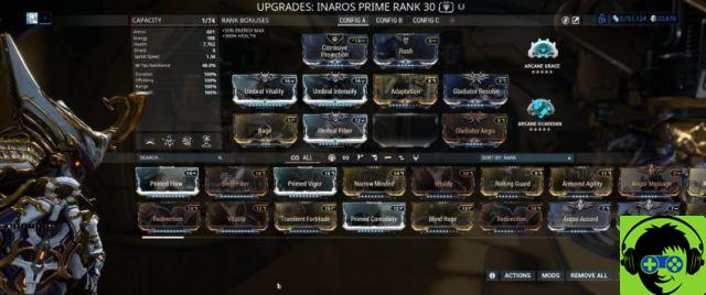 Inaros Prime Zero Forma Super Tank construido en Warframe