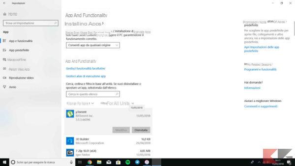 Come disinstallare programmi su Windows 10