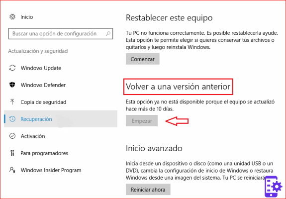 Windows 10 20H2, cómo volver a versiones anteriores