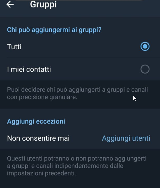 Cómo no ser agregado automáticamente a nuevos grupos/canales en Telegram