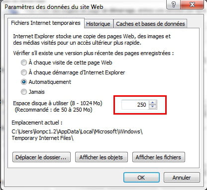 IE11 - Configure the cache folder for temporary internet files