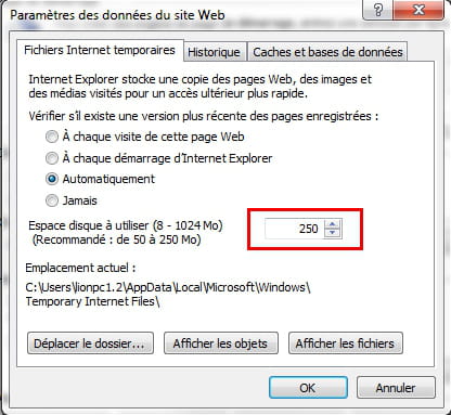 IE11 - Configure a pasta de cache para arquivos temporários da Internet