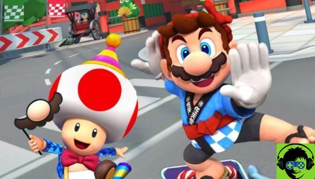 Cómo recolectar 5 hongos caídos usando un piloto con una cinta en Mario Kart Tour