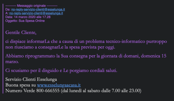 Esselunga em casa, impossível fazer compras online: prazo de entrega de 2 semanas