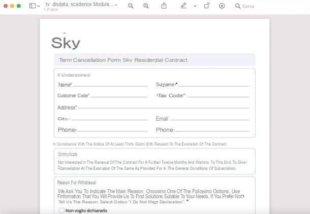 Formulario de cancelación de Sky PDF