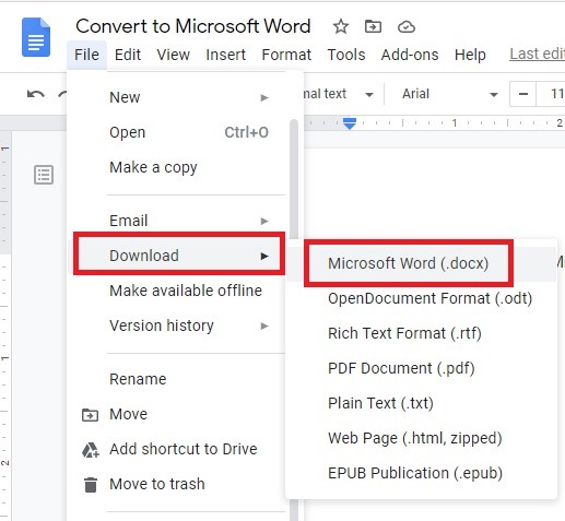 How to convert a Google Docs to a Microsoft Word document