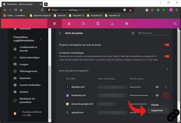 How do I delete the passwords saved on Brave?