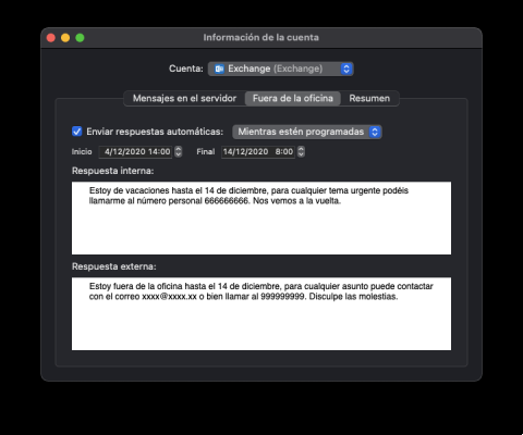 Message d'absence du bureau dans les comptes Exchange avec macOS Mail